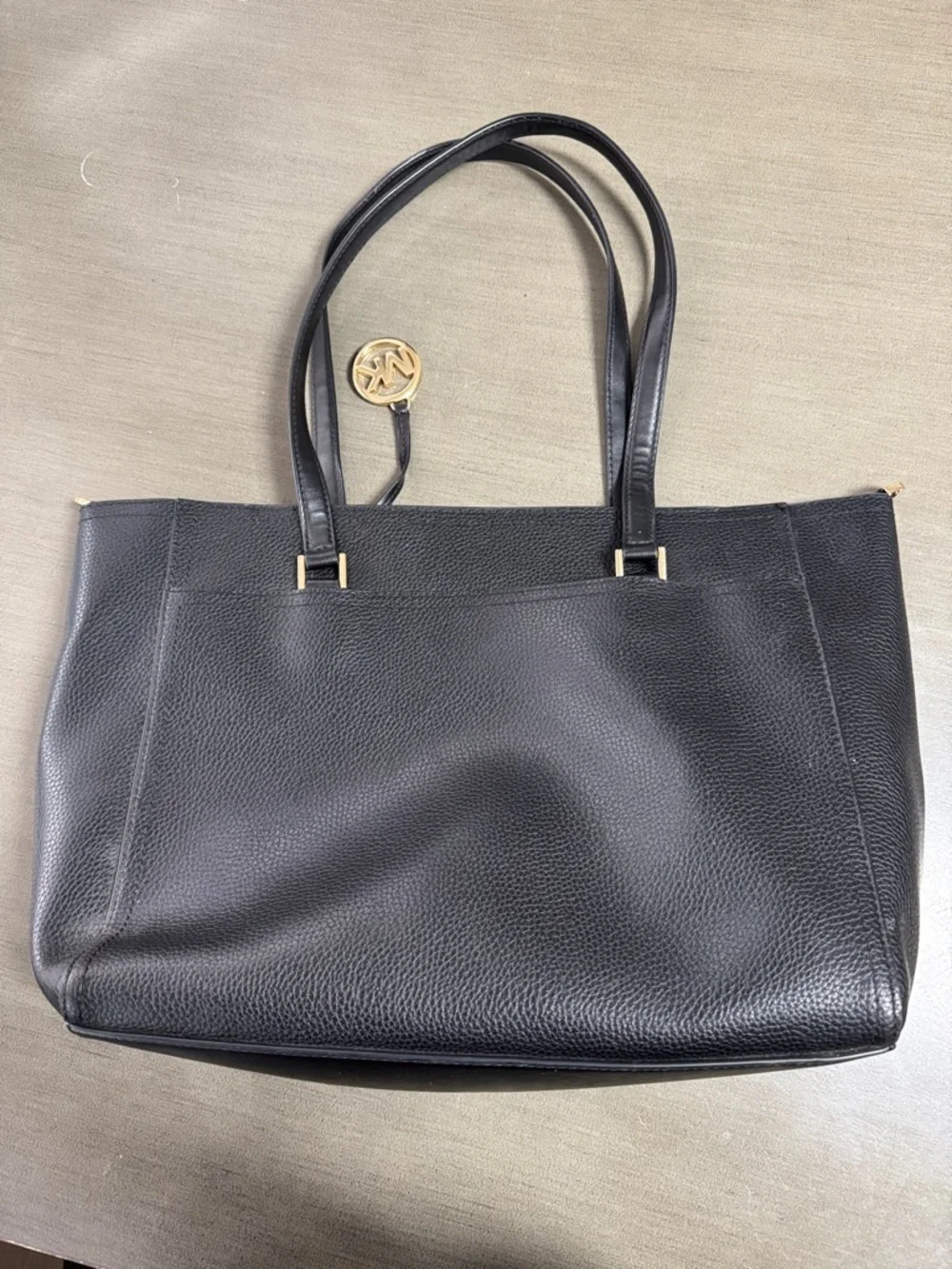 Michael Kors Black Leather Tote with Gold MK Charm